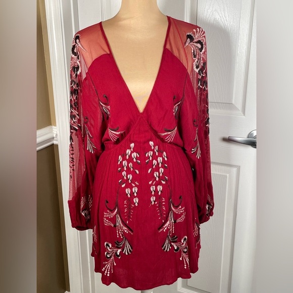 Free People Bonjour Floral Red Embroidered Long Sleeve Mini Dress XS - Picture 11 of 15